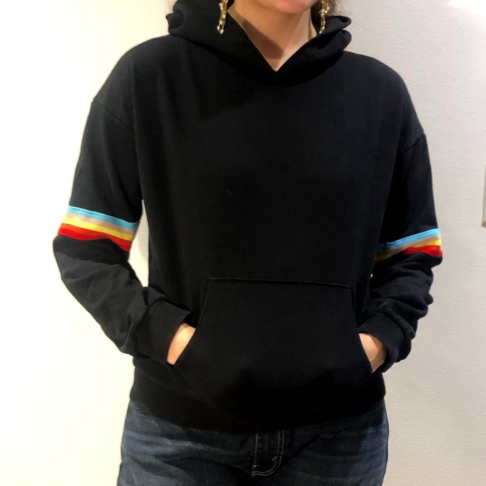 Medium Black Hoodie with Rainbow Stripe Sleeve